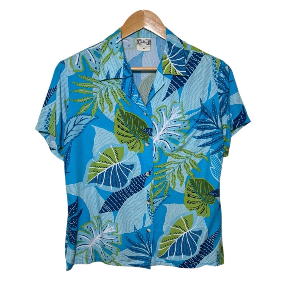 Go Barefoot Women’s Hawaiian Tropical Shirt Lightweight Soft Green Blue M USA
